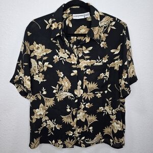 Aldred Dunner Womens Short Sleeve Froral Print Button-Down Blouse Size 16